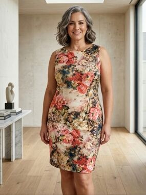 Super Stition Abstract Orange Floral Pattern Sleeveless Cocktail Dress Size XL